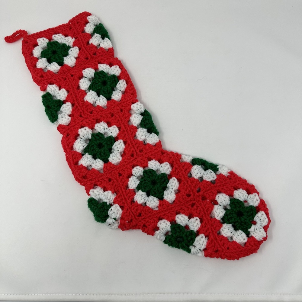 Handmade Crochet Christmas Stocking Granny Square Holiday Decor 18" Gift Handmad